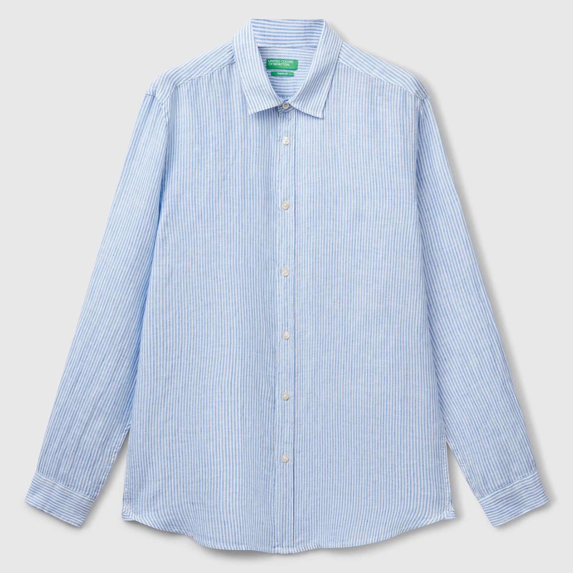 Erkek Açık Mavi Çizgili %100 Keten Gömlek