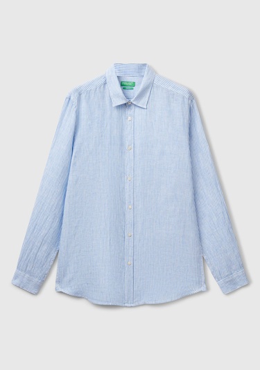  Erkek Açık Mavi Çizgili %100 Keten Gömlek