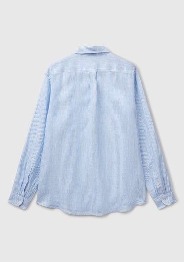  Erkek Açık Mavi Çizgili %100 Keten Gömlek