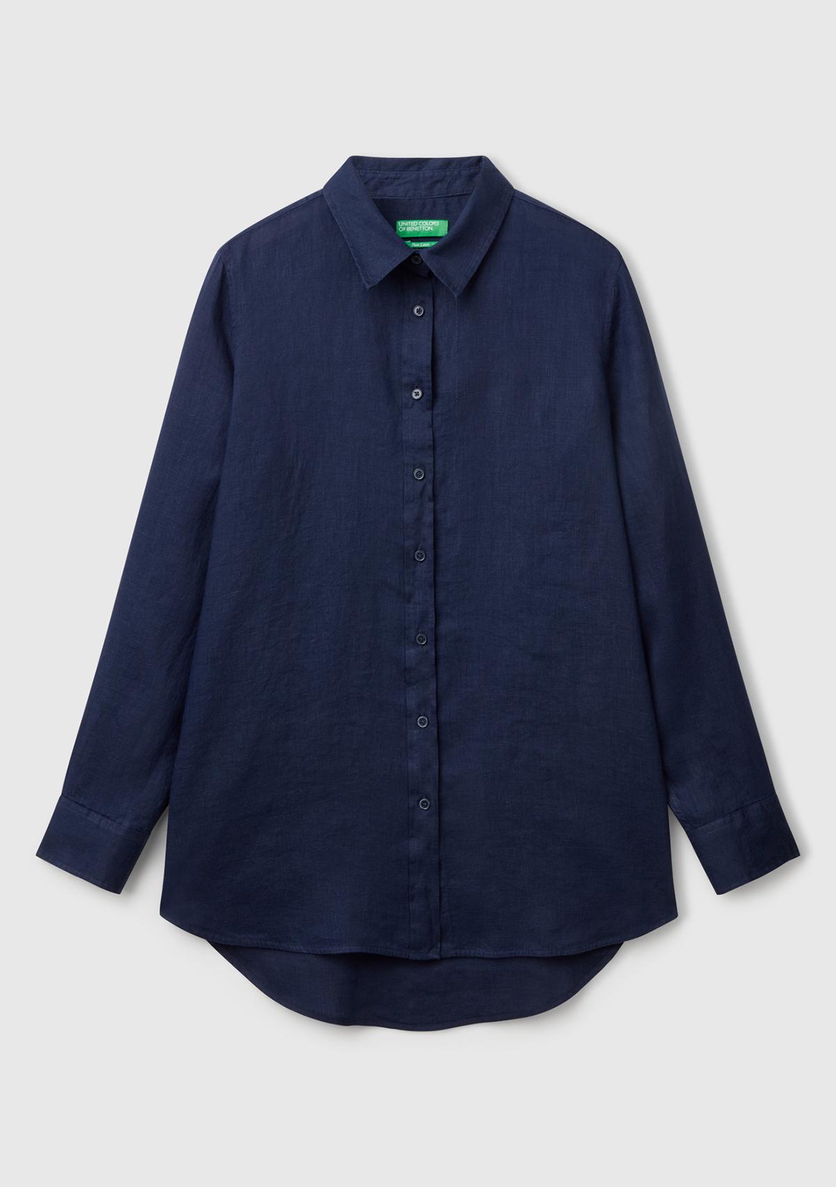  Kadın Koyu Lacivert %100 Keten Gömlek