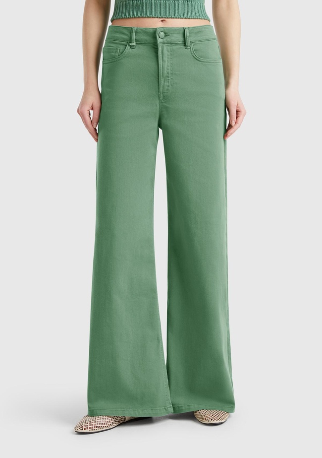  Kadın Açık Yeşil Streç Pamuklu Arkası Logo Etiketli Bol Kesim Pantolon