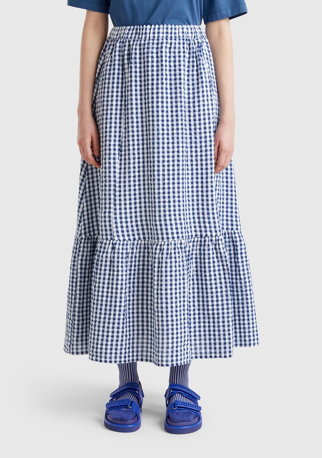  Kadın Mavi %100 Pamuk Pötikareli Beli Lastikli Uzun Etek