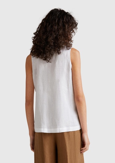  Kadın Beyaz %100 Keten V Yaka Kolsuz Geniş Kesim Bluz