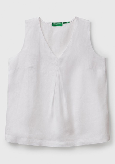  Kadın Beyaz %100 Keten V Yaka Kolsuz Geniş Kesim Bluz