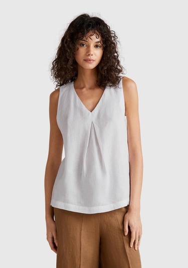  Kadın Beyaz %100 Keten V Yaka Kolsuz Geniş Kesim Bluz