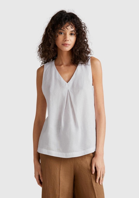  Kadın Beyaz %100 Keten V Yaka Kolsuz Geniş Kesim Bluz