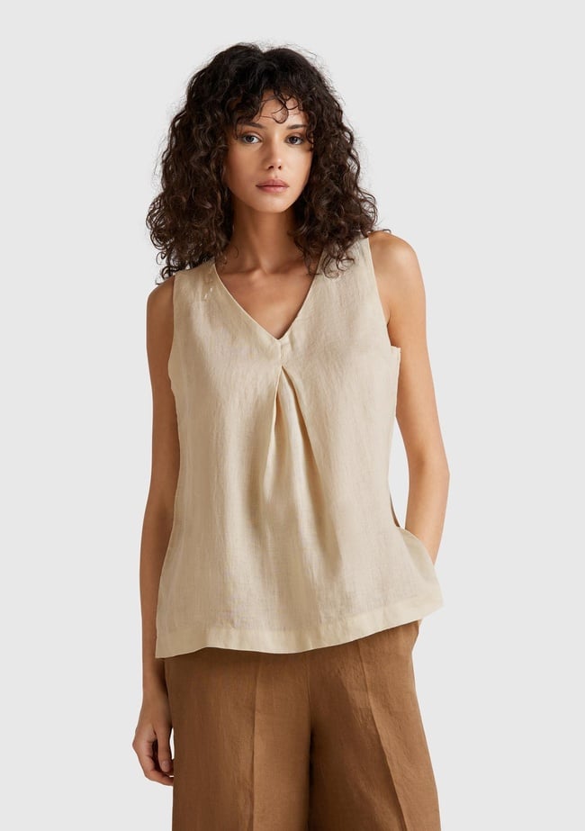  Kadın Taş Rengi %100 Keten V Yaka Kolsuz Geniş Kesim Bluz