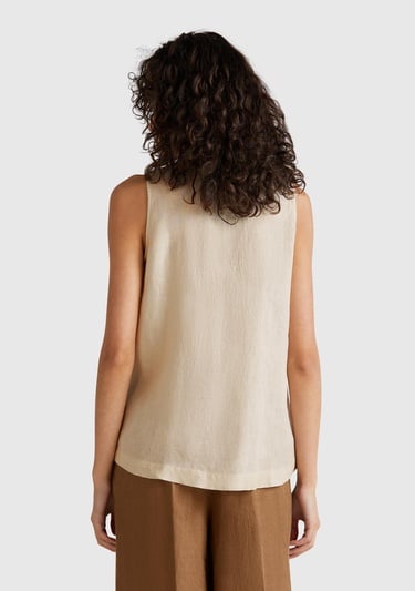  Kadın Taş Rengi %100 Keten V Yaka Kolsuz Geniş Kesim Bluz