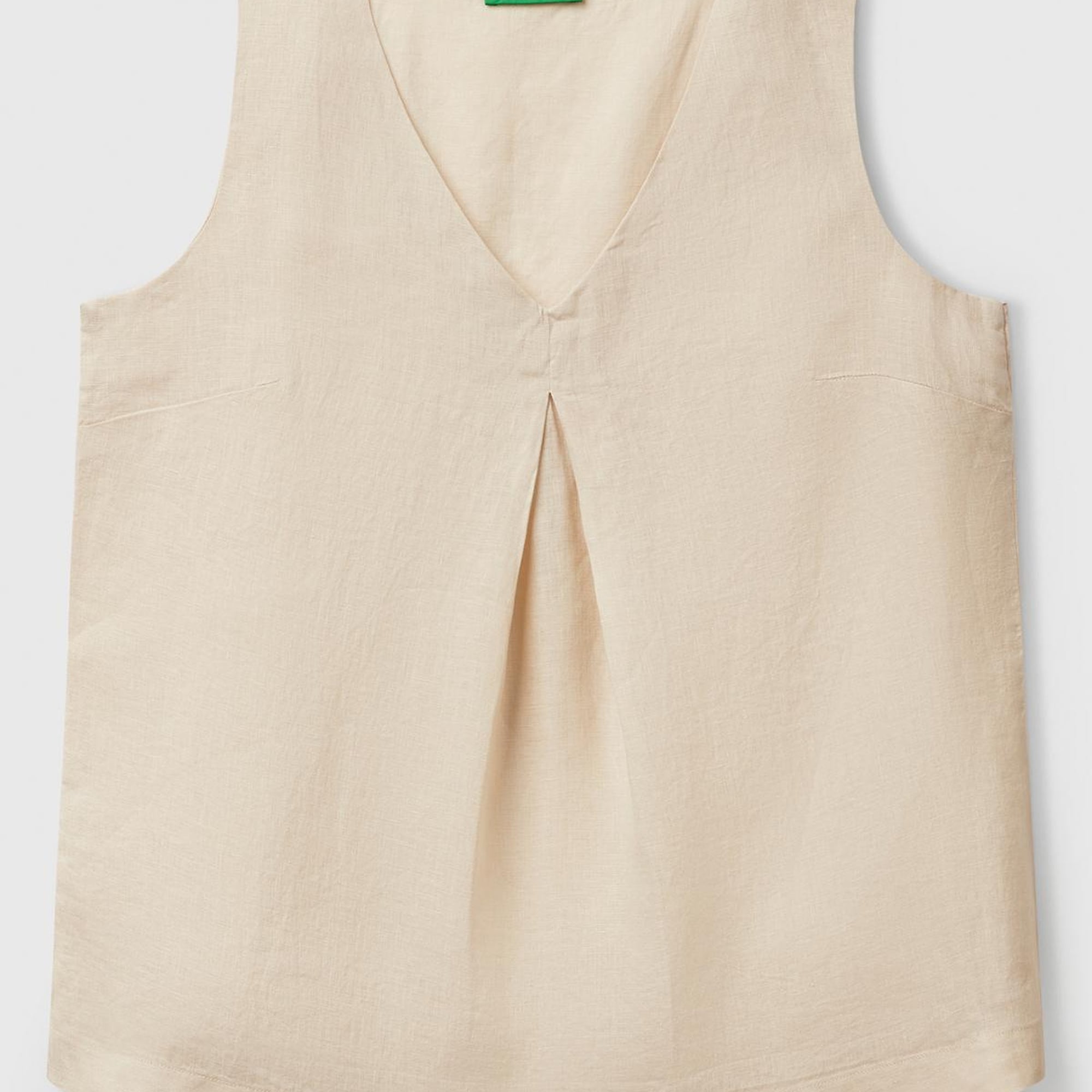 Kadın Taş Rengi %100 Keten V Yaka Kolsuz Geniş Kesim Bluz