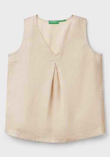  Kadın Taş Rengi %100 Keten V Yaka Kolsuz Geniş Kesim Bluz