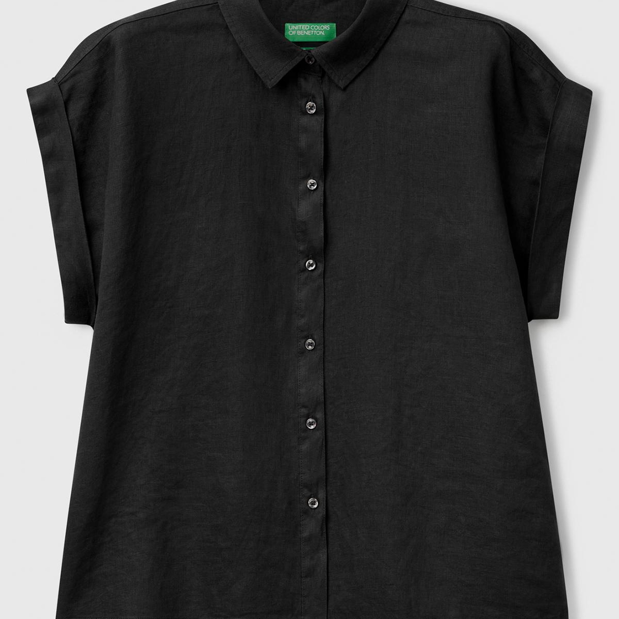 Kadın Siyah %100 Keten Omuz Detaylı Kısa Kollu Gömlek