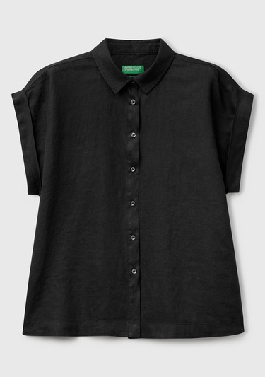  Kadın Siyah %100 Keten Omuz Detaylı Kısa Kollu Gömlek