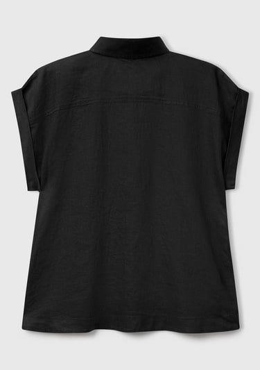  Kadın Siyah %100 Keten Omuz Detaylı Kısa Kollu Gömlek