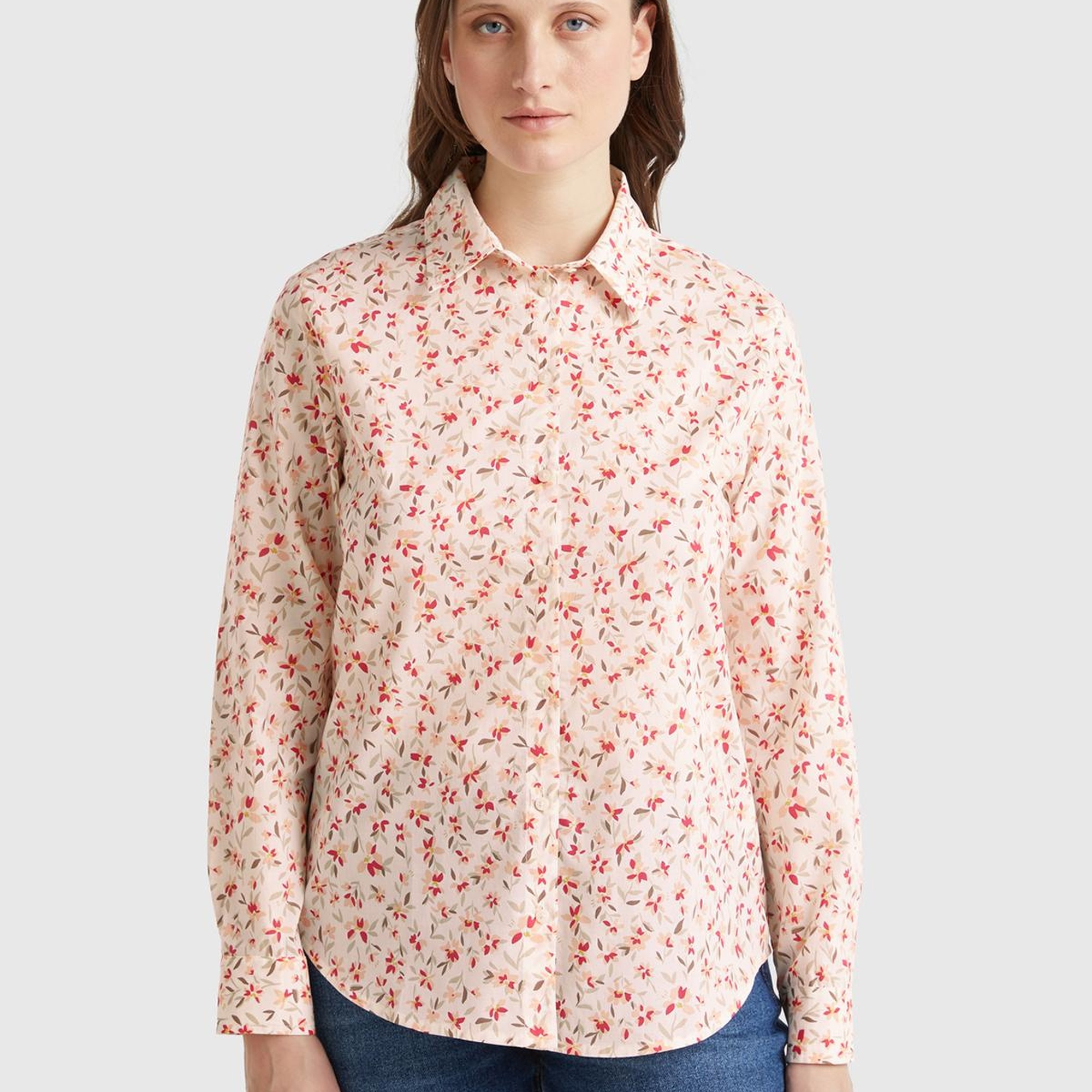 Kadın Bej %100 Pamuk Desenli Manşetli Regular Fit Müslin Gömlek