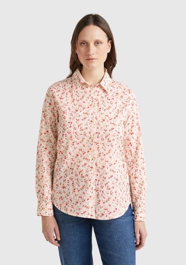  Kadın Bej %100 Pamuk Desenli Manşetli Regular Fit Müslin Gömlek