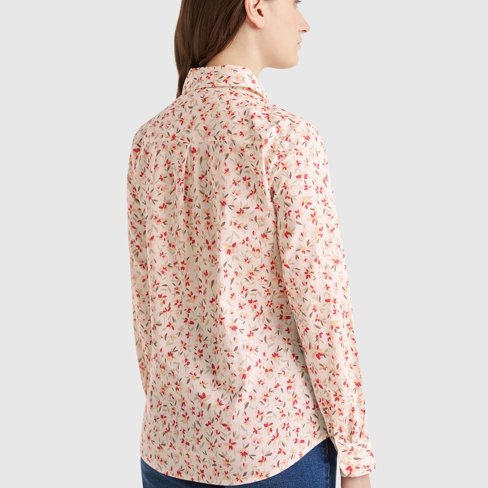 Kadın Bej %100 Pamuk Desenli Manşetli Regular Fit Müslin Gömlek