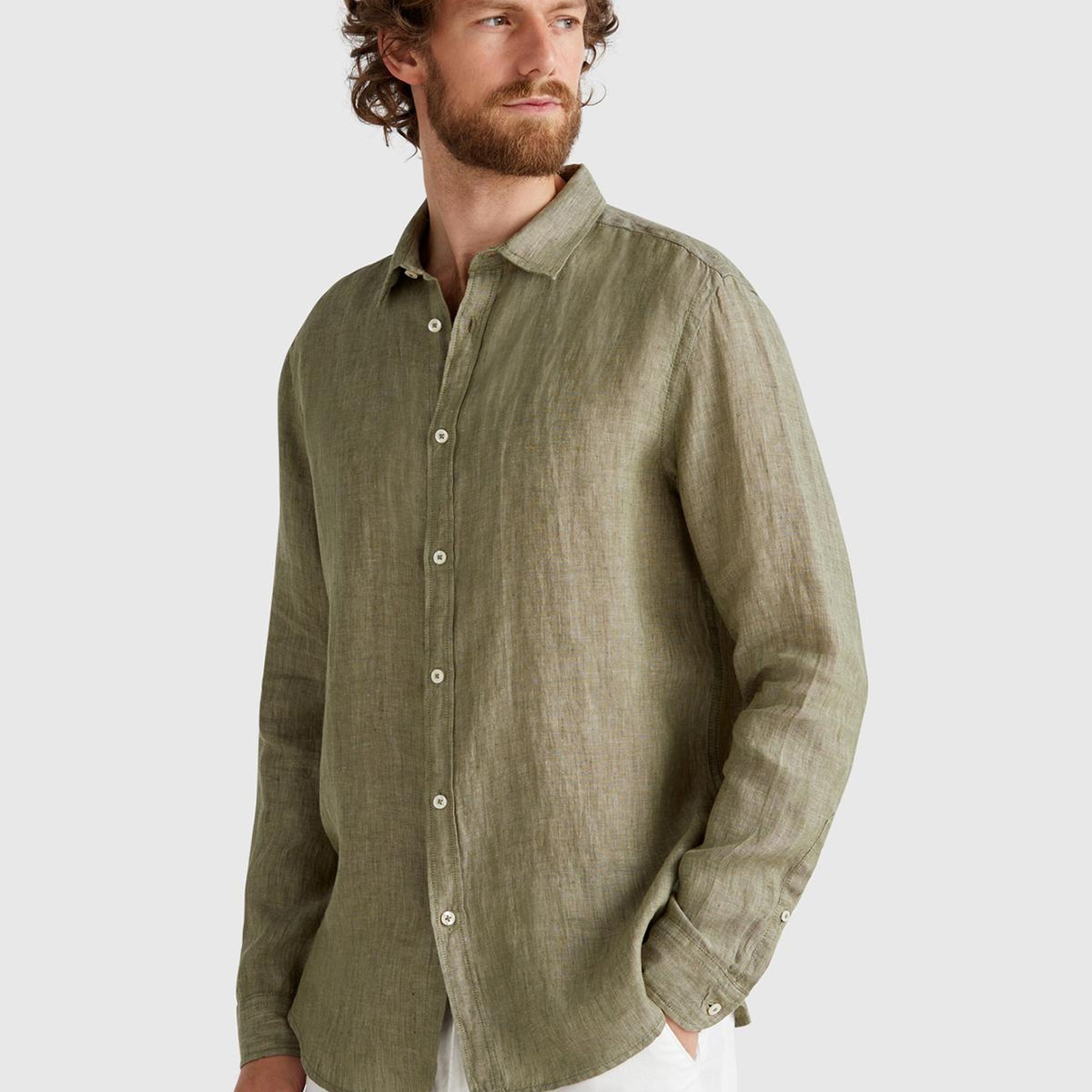 Erkek Haki %100 Keten Gömlek