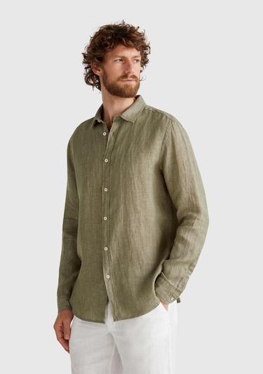  Erkek Haki %100 Keten Gömlek
