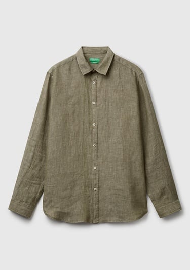  Erkek Haki %100 Keten Gömlek