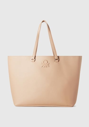  Kadın Bej Eskitme Efektli Kabartma Logolu Fermuarlı Geniş Tote Çanta