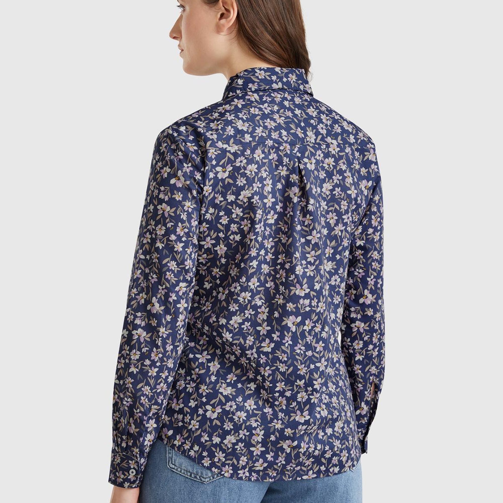 Kadın Lacivert-Çiçekli %100 Pamuk Desenli Manşetli Regular Fit Müslin Gömlek