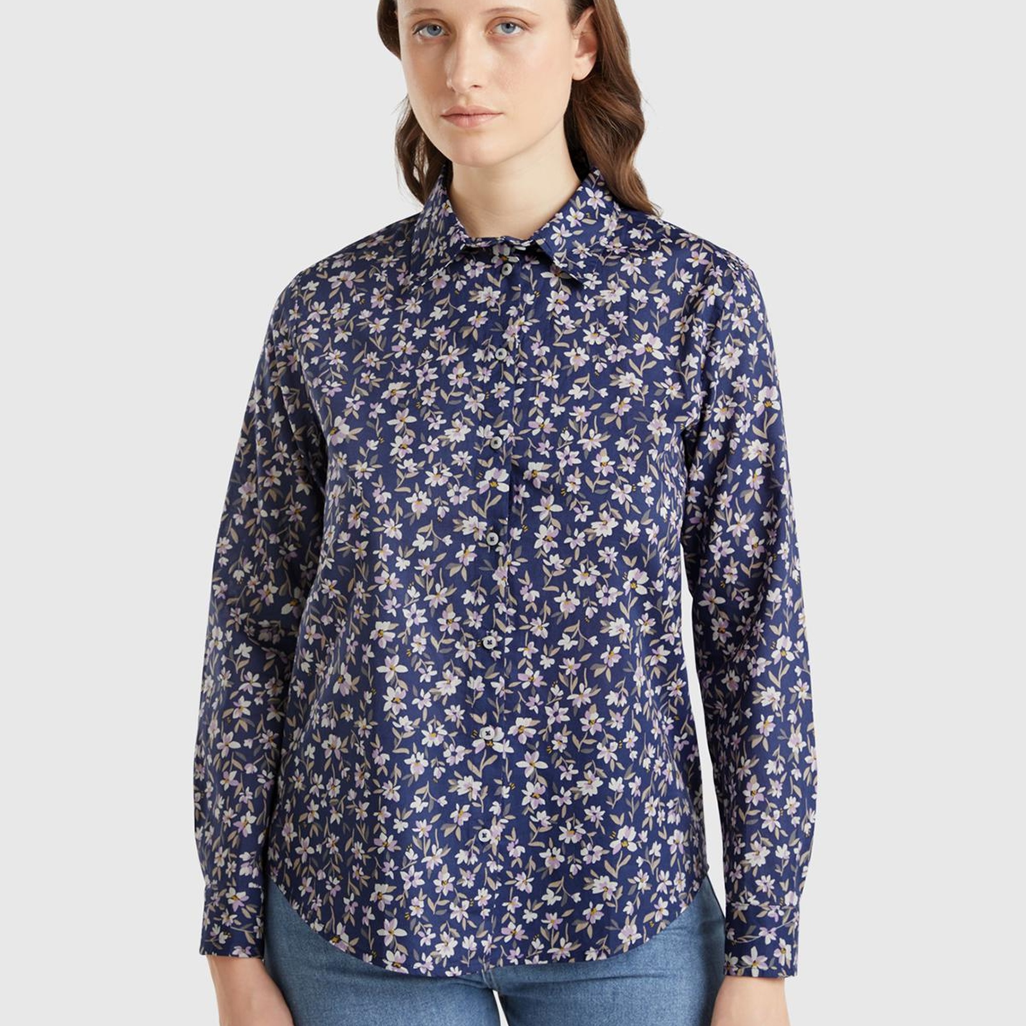 Kadın Lacivert-Çiçekli %100 Pamuk Desenli Manşetli Regular Fit Müslin Gömlek