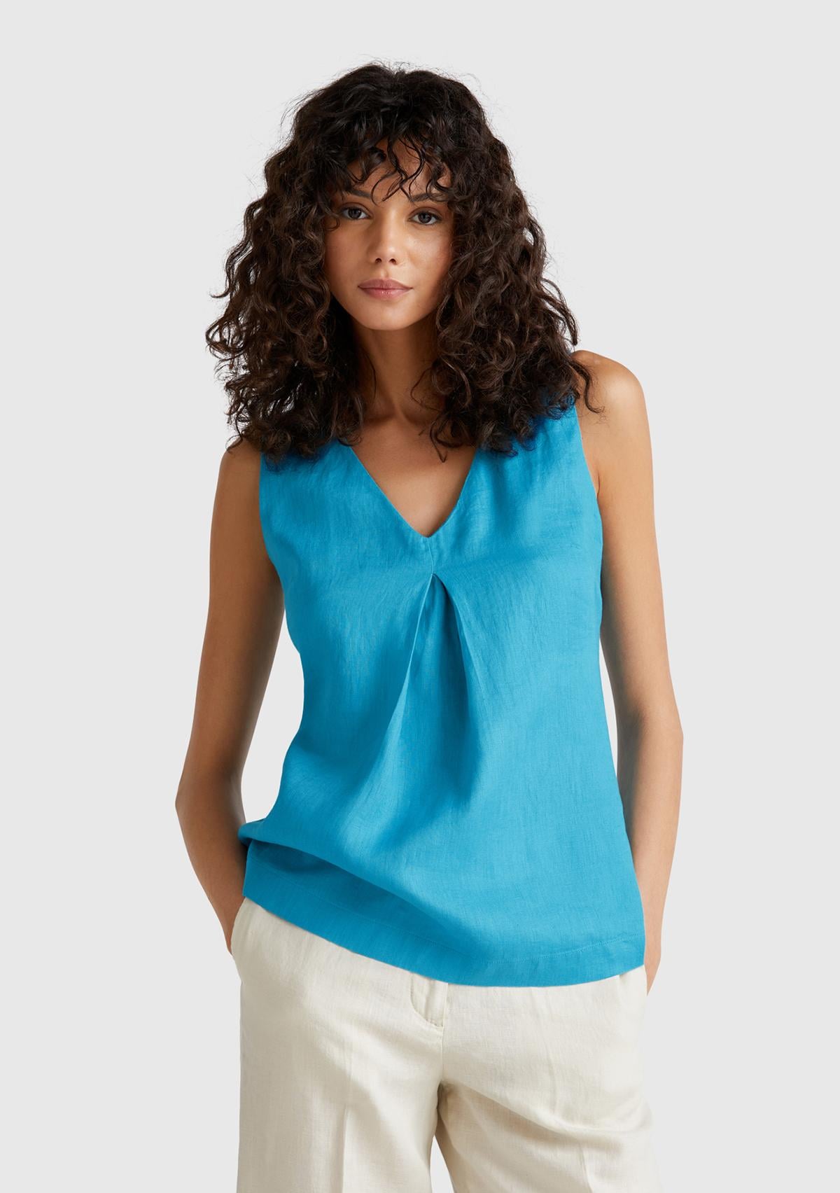  Kadın Mavi %100 Keten V Yaka Kolsuz Geniş Kesim Bluz