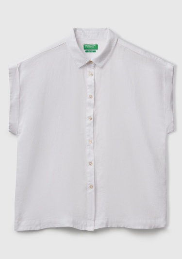  Kadın Beyaz %100 Keten Omuz Detaylı Kısa Kollu Gömlek