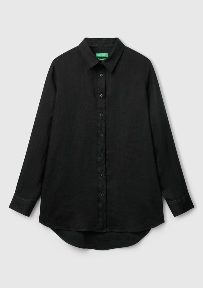  Kadın Siyah %100 Keten Gömlek