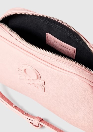  Kadın Pembe Eskitme Efektli Fermuarlı Kabartma Logolu Mini Omuz Çantası