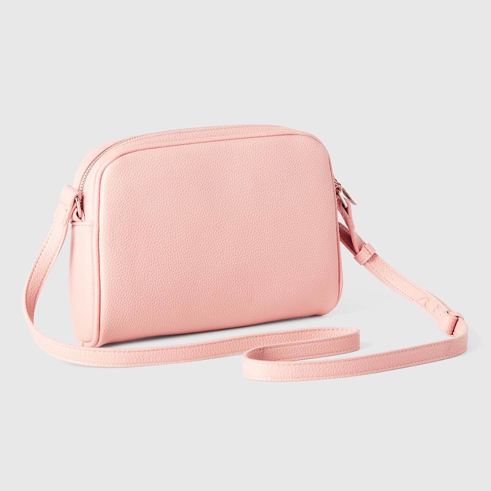 Kadın Pembe Eskitme Efektli Fermuarlı Kabartma Logolu Mini Omuz Çantası