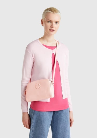  Kadın Pembe Eskitme Efektli Fermuarlı Kabartma Logolu Mini Omuz Çantası