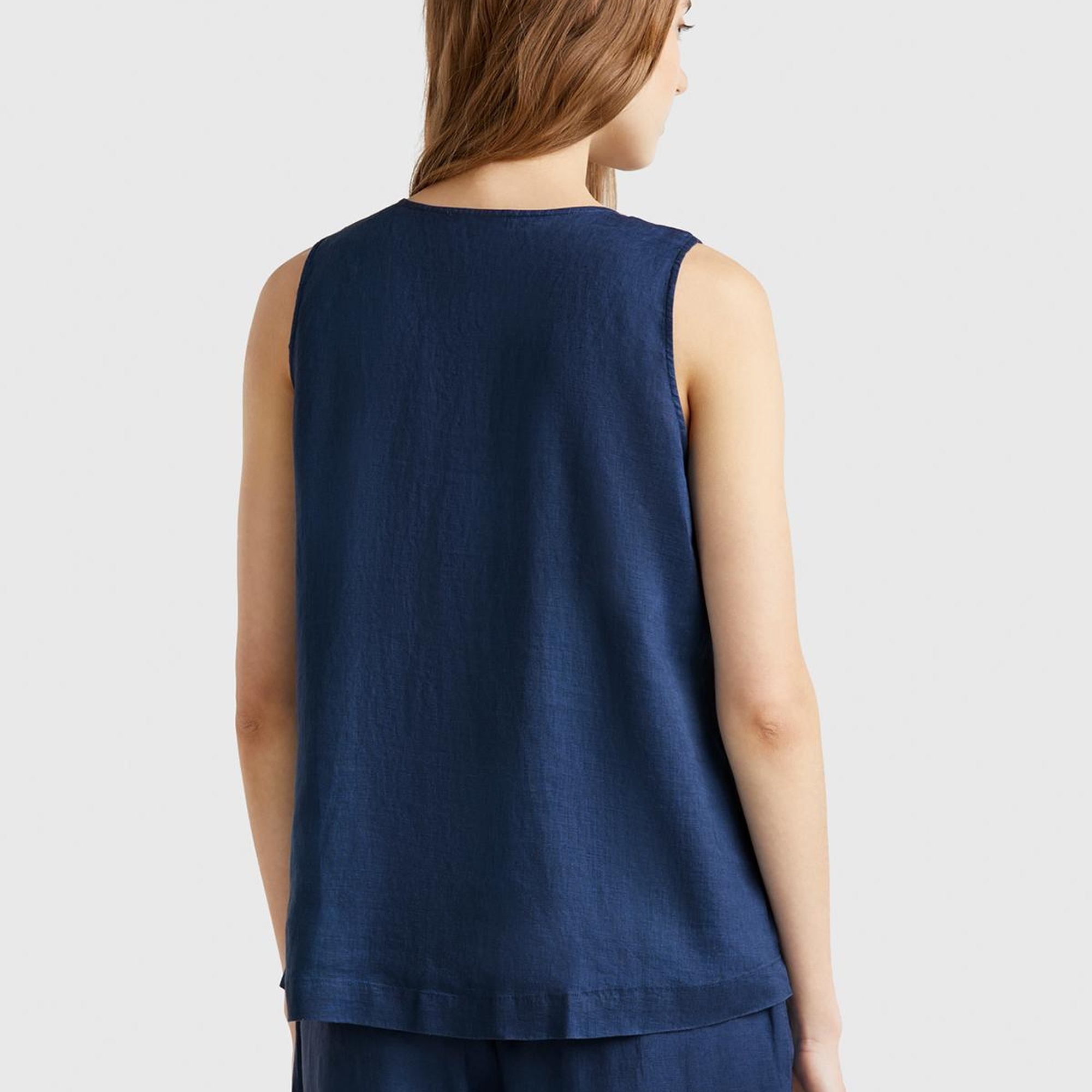 Kadın Denim %100 Keten V Yaka Kolsuz Geniş Kesim Bluz