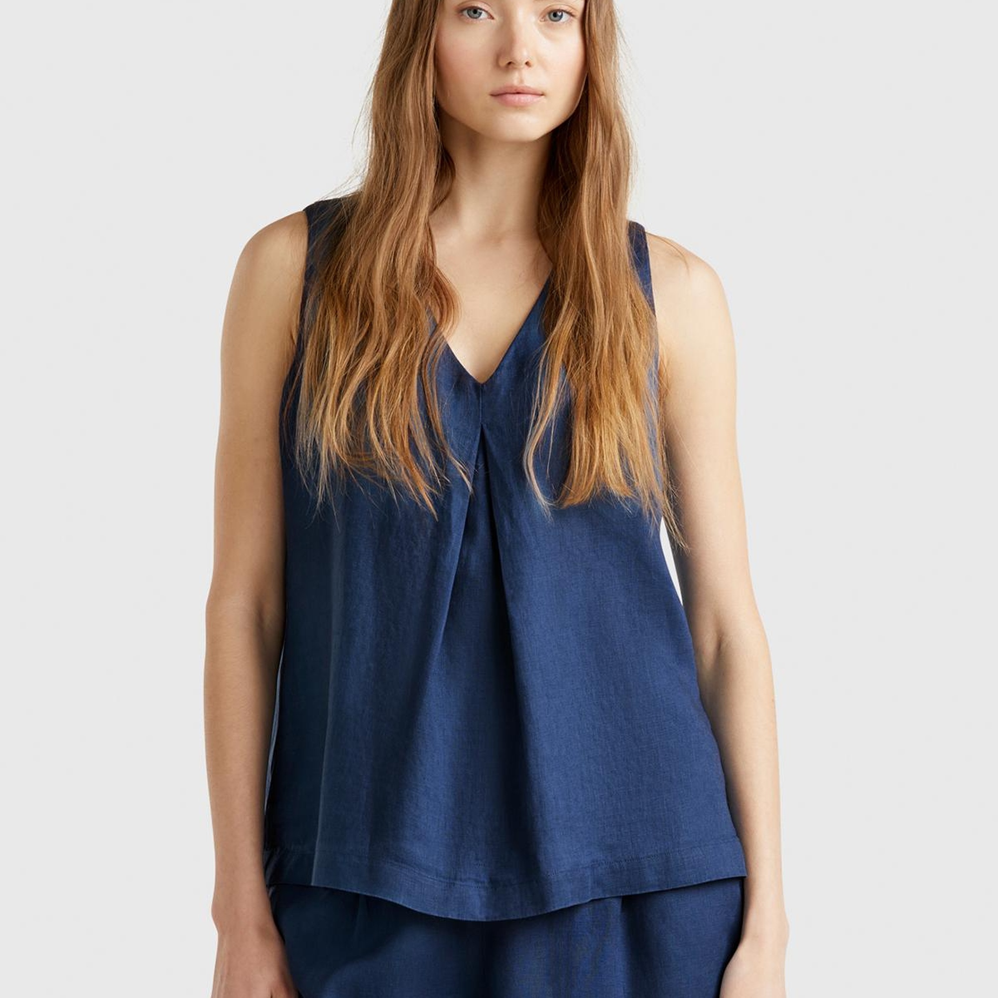 Kadın Denim %100 Keten V Yaka Kolsuz Geniş Kesim Bluz