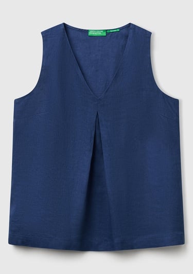  Kadın Denim %100 Keten V Yaka Kolsuz Geniş Kesim Bluz