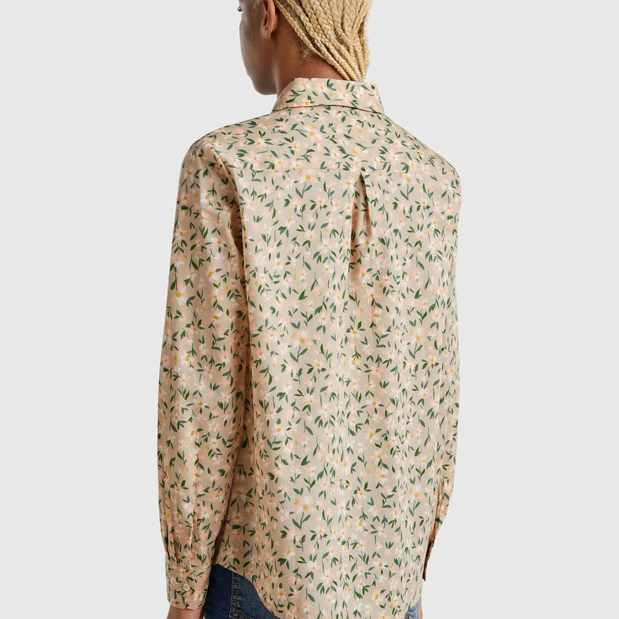 Kadın Bej-Yeşil %100 Pamuk Desenli Manşetli Regular Fit Müslin Gömlek