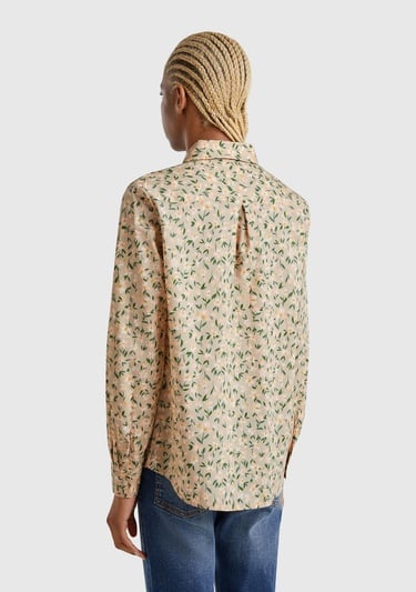  Kadın Bej-Yeşil %100 Pamuk Desenli Manşetli Regular Fit Müslin Gömlek