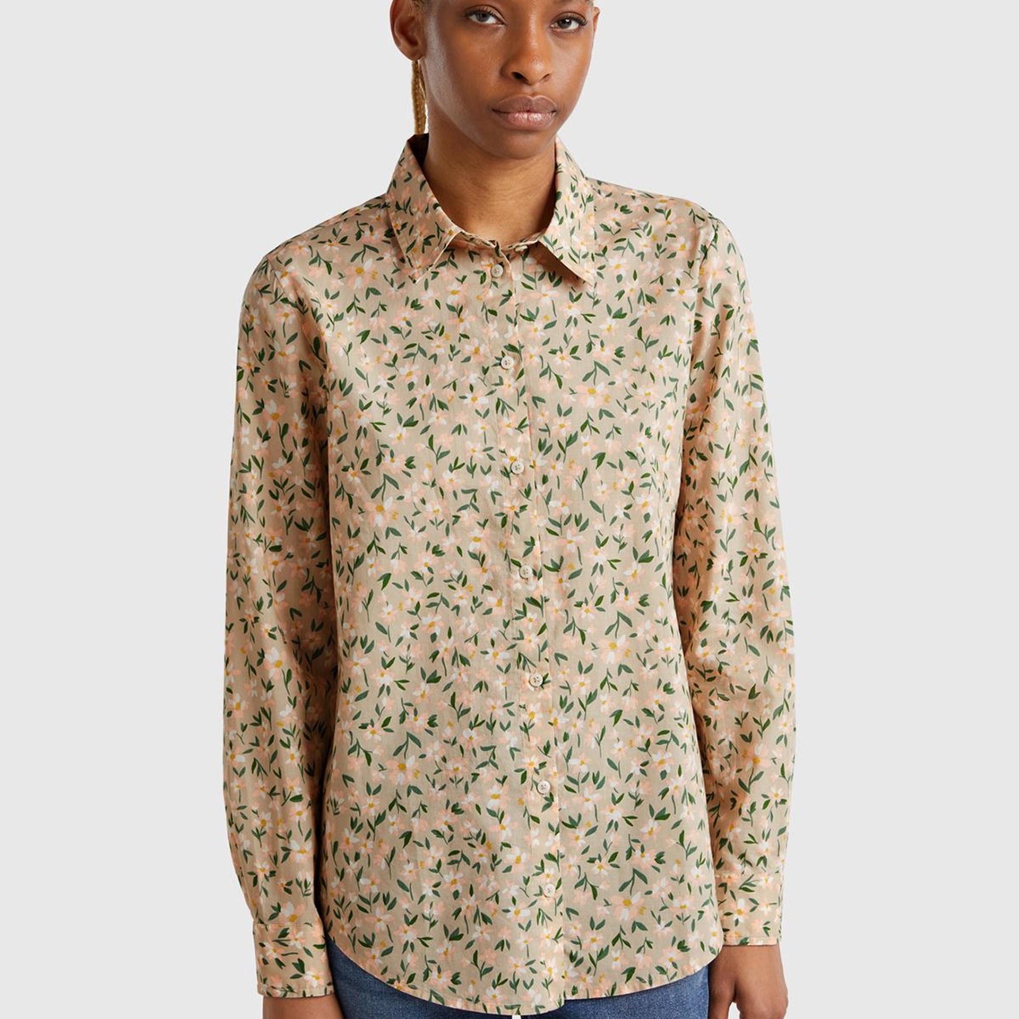 Kadın Bej-Yeşil %100 Pamuk Desenli Manşetli Regular Fit Müslin Gömlek
