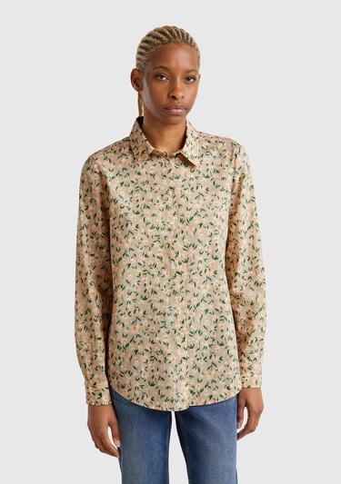  Kadın Bej-Yeşil %100 Pamuk Desenli Manşetli Regular Fit Müslin Gömlek