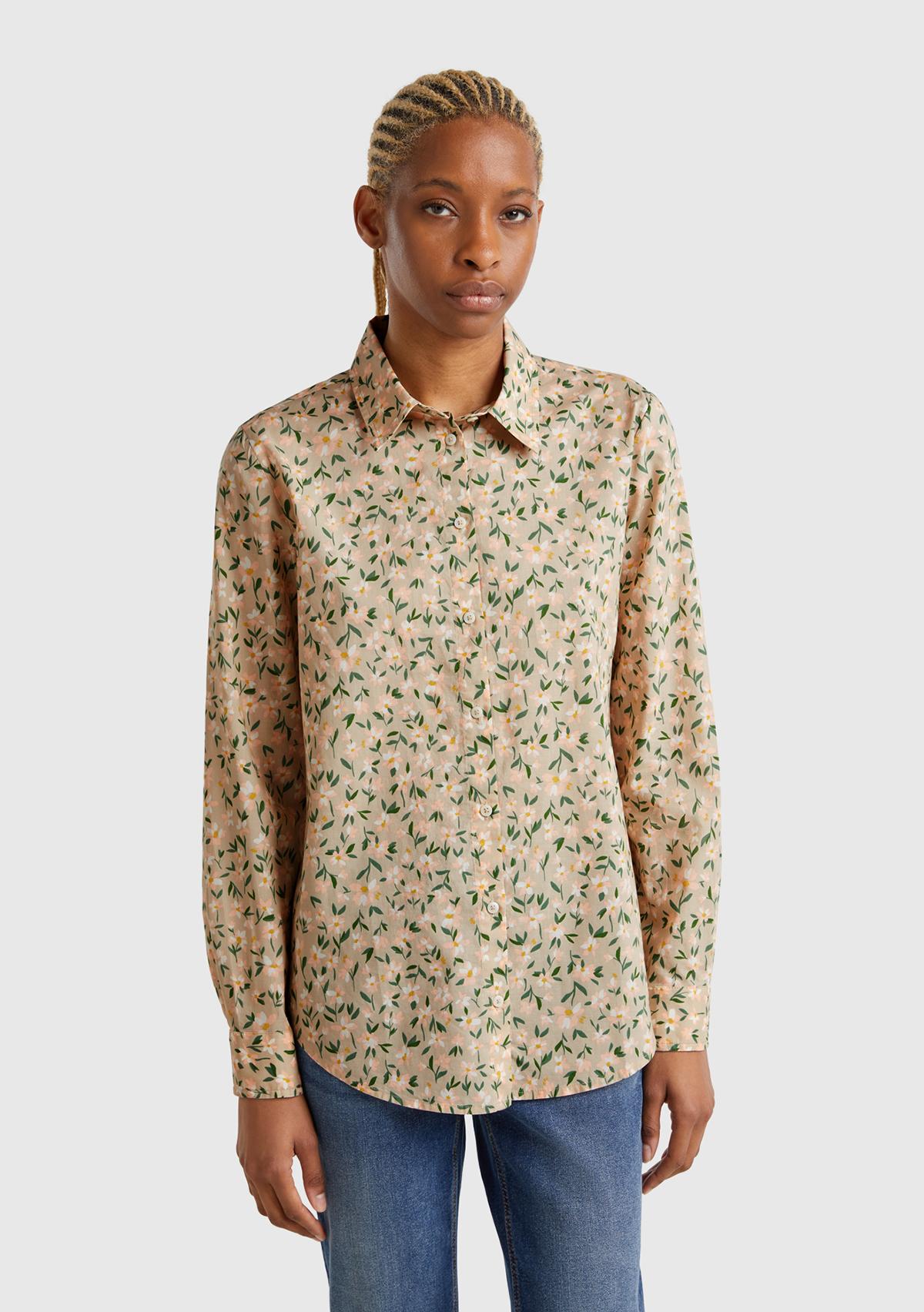  Kadın Bej-Yeşil %100 Pamuk Desenli Manşetli Regular Fit Müslin Gömlek