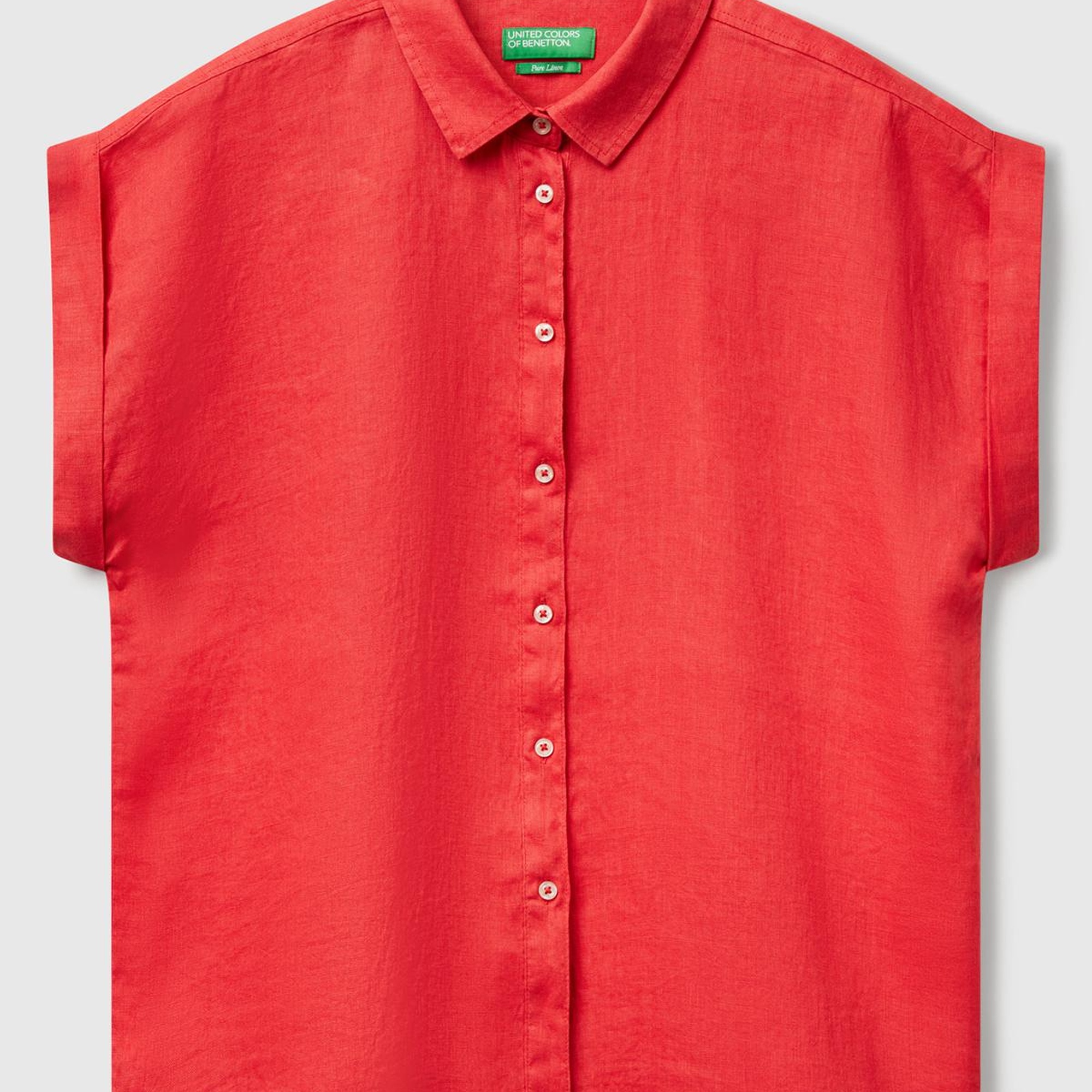 Kadın Mercan %100 Keten Omuz Detaylı Kısa Kollu Gömlek