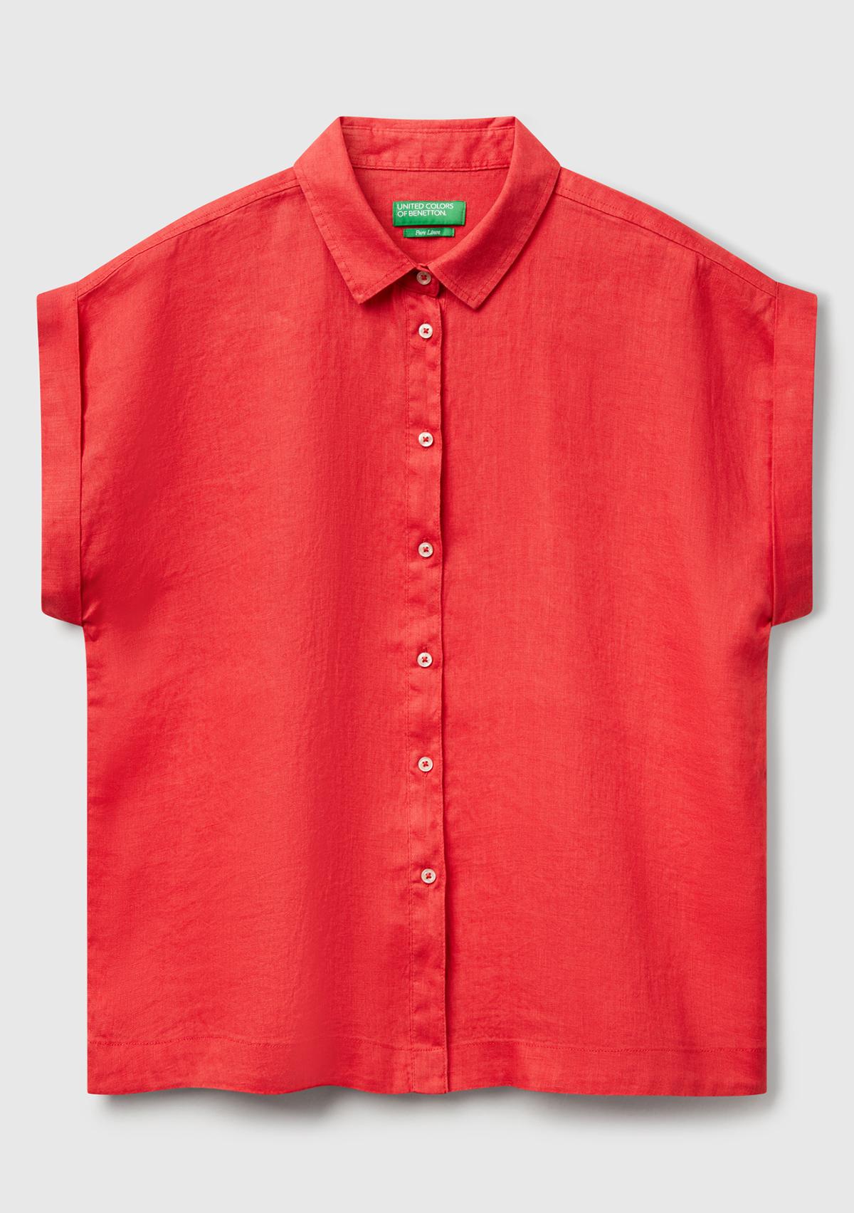  Kadın Mercan %100 Keten Omuz Detaylı Kısa Kollu Gömlek