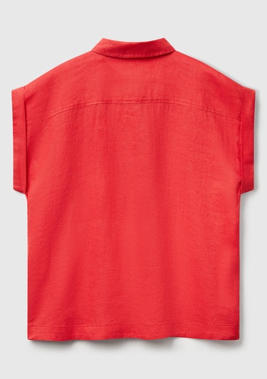  Kadın Mercan %100 Keten Omuz Detaylı Kısa Kollu Gömlek