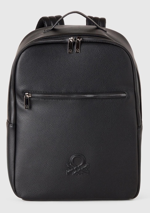  Erkek Siyah Eskitme Efektli Önü Logo Yamalı Fermuarlı Sırt Çantası