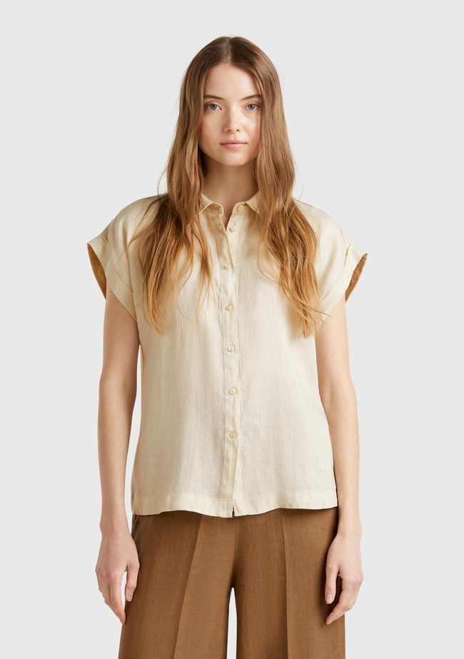  Kadın Taş Rengi %100 Keten Omuz Detaylı Kısa Kollu Gömlek