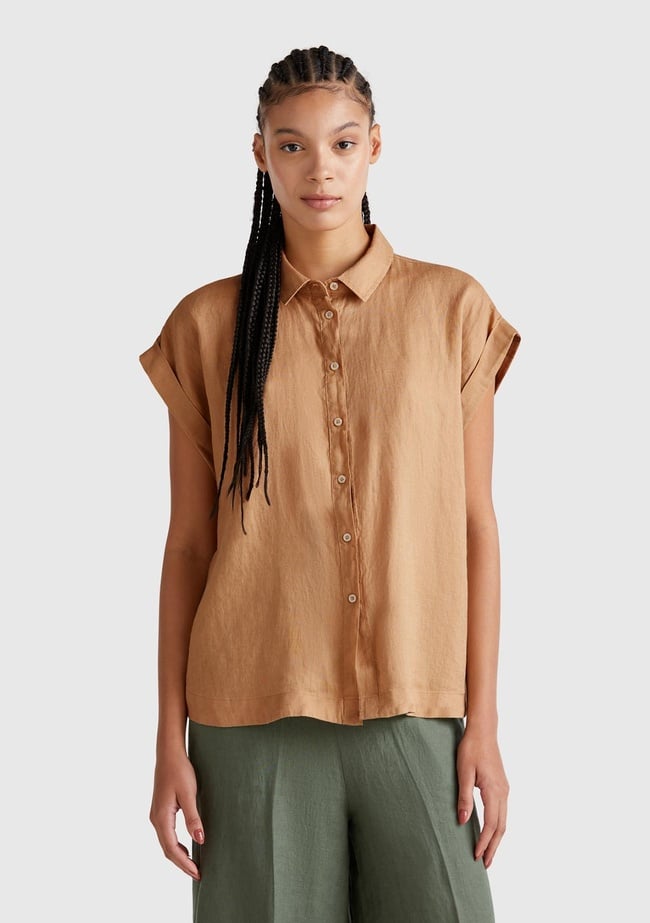  Kadın Bej %100 Keten Omuz Detaylı Kısa Kollu Gömlek