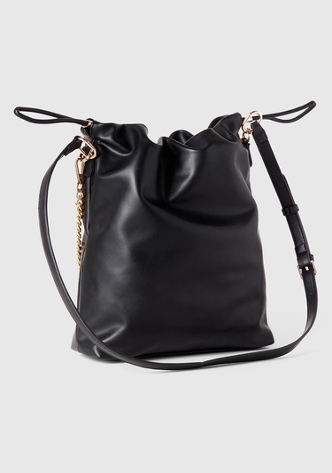  Kadın Siyah Napa Efektli 3D Logolu Zincir Detaylı Büzme İpli Çanta