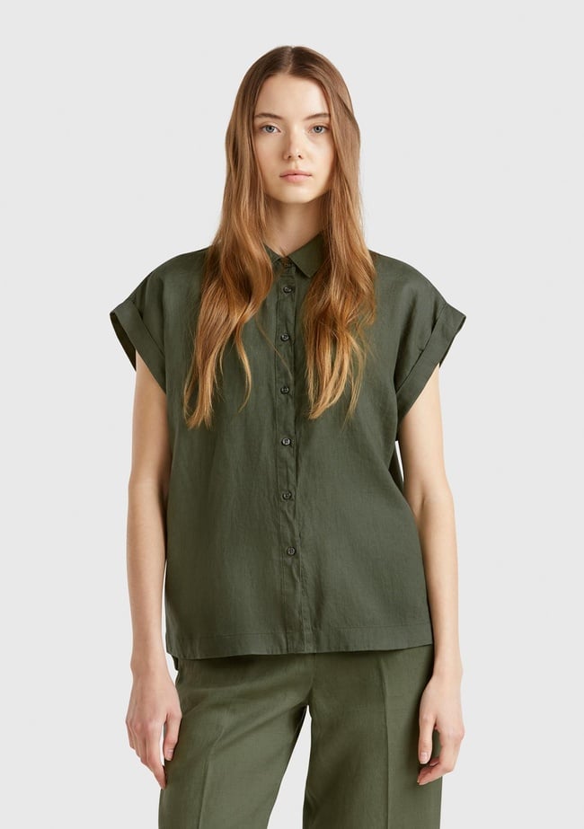  Kadın Haki %100 Keten Omuz Detaylı Kısa Kollu Gömlek