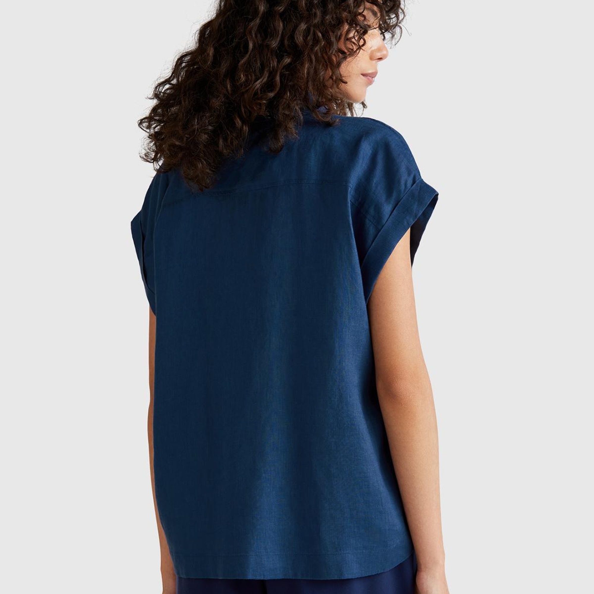 Kadın Denim %100 Keten Omuz Detaylı Kısa Kollu Gömlek