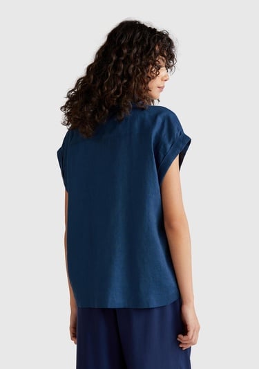  Kadın Denim %100 Keten Omuz Detaylı Kısa Kollu Gömlek